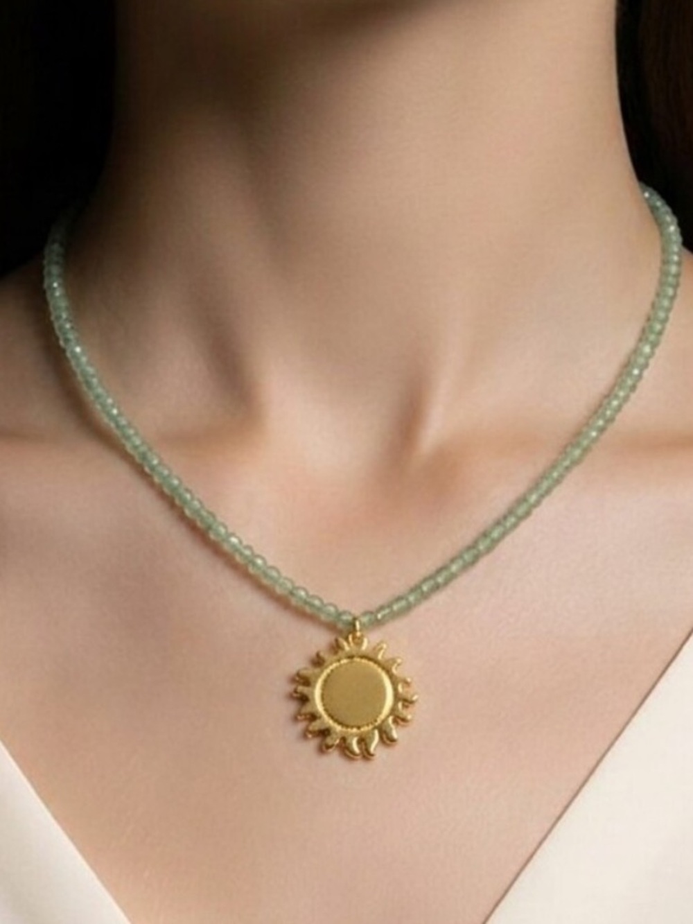 Mayamar Stanley Gold Sun Pendant with Pale Green Beaded Necklace (nwt)